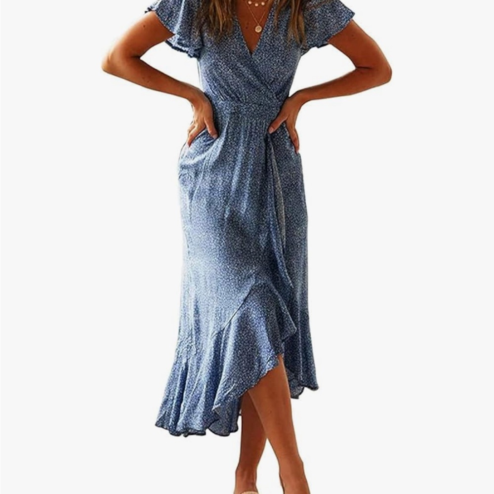 Boho Blue Floral Wrap Dress